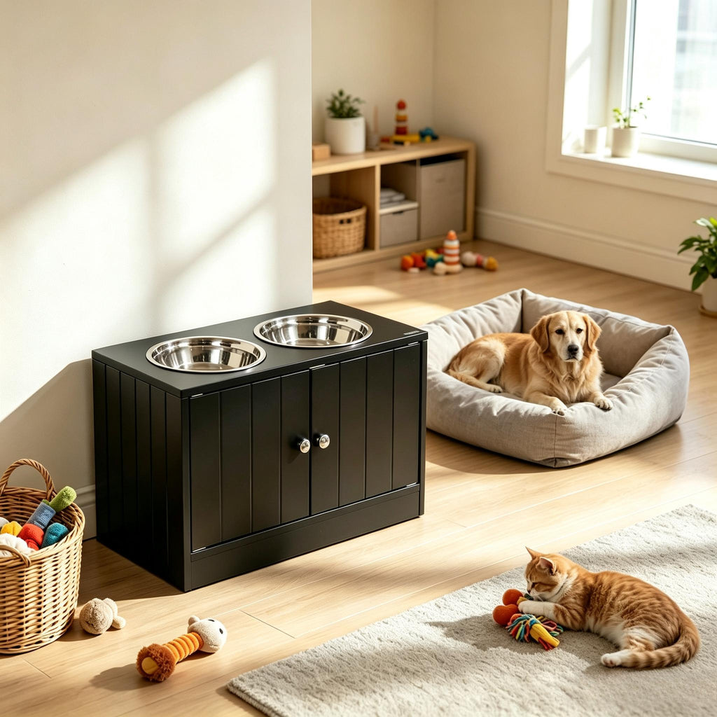 Elevated Raised Dog Bowls with Storage, Wooden Anti-Slip Large Dog Feeding Station, 2 Stainless Steel Food Water Bowls Indoor Pet Feeder Stand