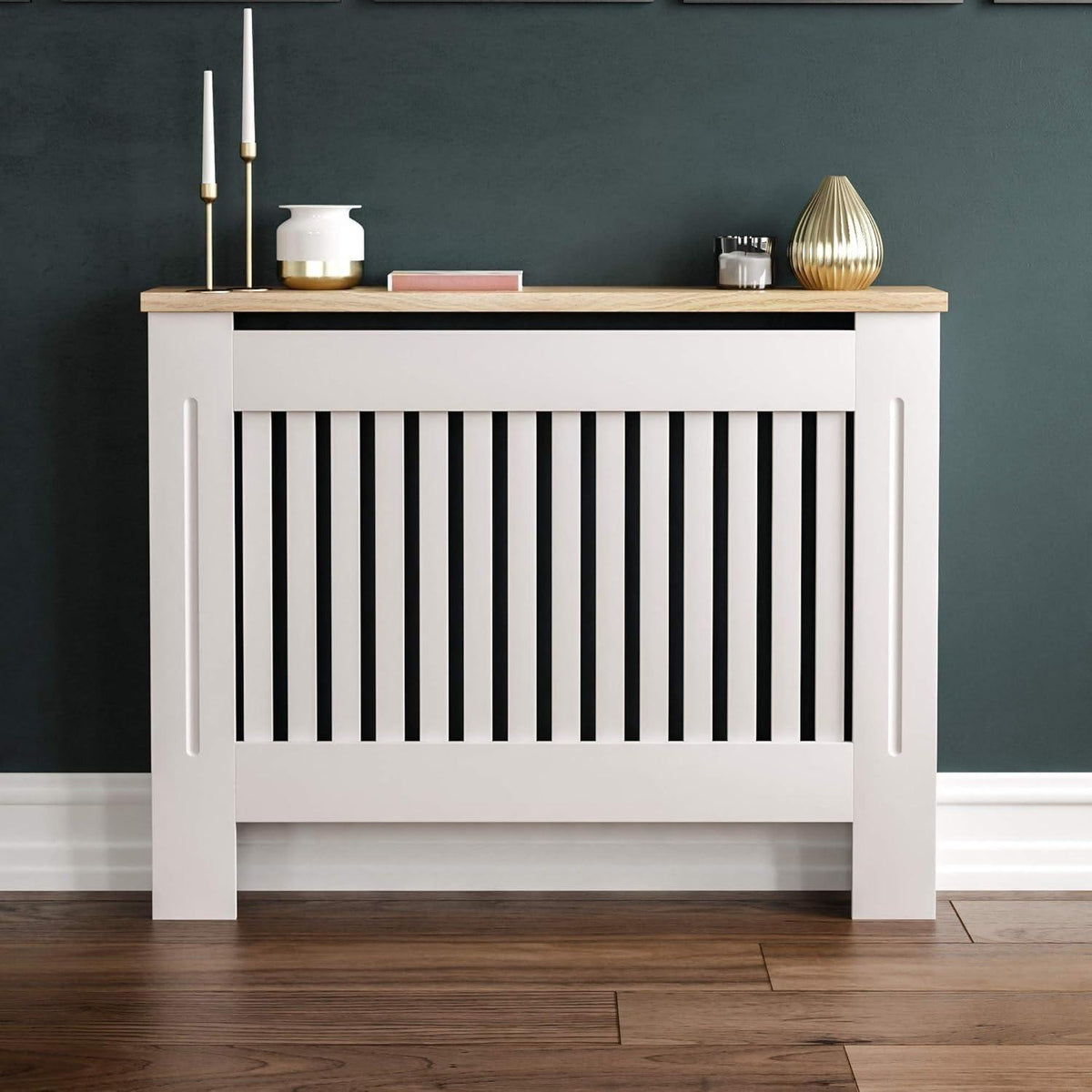 【NS】White MDF Radiator Cover with Wood Shelf – Modern Slatted Grill Design, Small Size (H: 83.3 / W: 78 / D: 19 cm) [Plus A Free Gift]