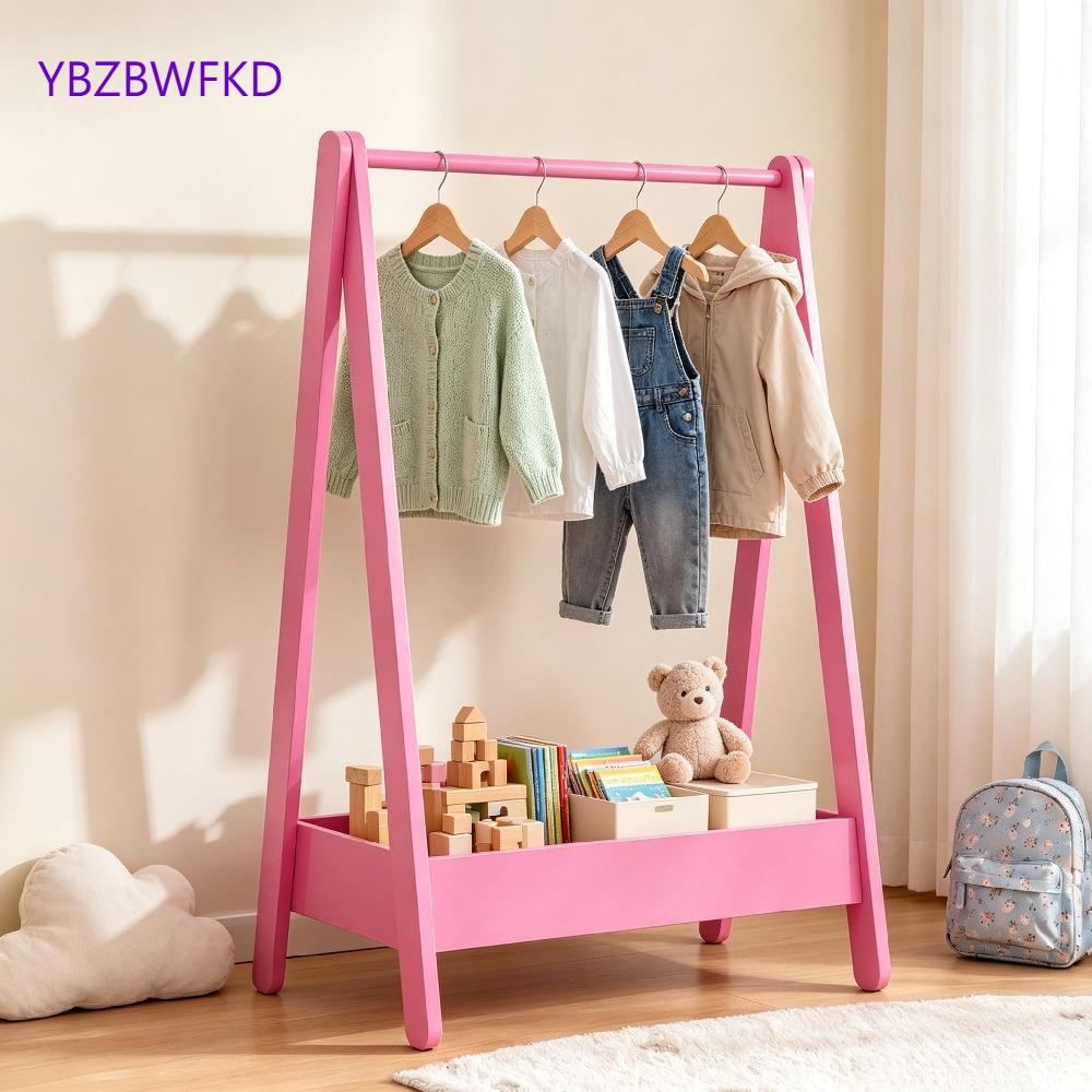 Pink Kids Clothes Rack – Solid Pine Wood, 99H x 64.5W x 42D cm, Space-Saving Hanging Rail with Extra Storage Shelf, Portable Stand for Toys and Shoes, Bedroom Furniture for Children [Plus A Free Gift]