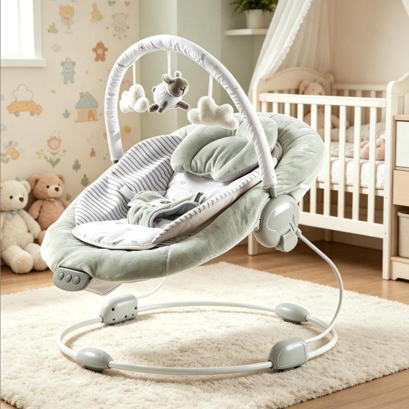 Portable Newborn Baby Bouncer Rocker, Grey Lamb Design Infant Soothing Seat with Soft Cushion, Music & Vibration Function for Baby Infants