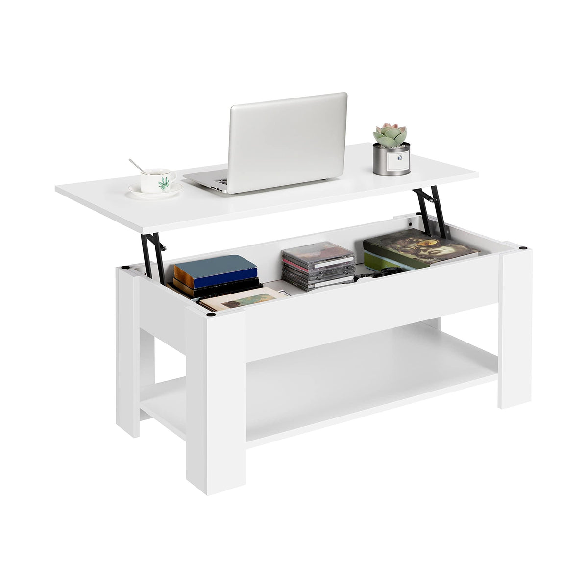 【NS】Lift Up Coffee Table, Wooden Lifting Tea Table with Hidden Storage Drawer and Open Shelf for Living Room/Reception, Rustic Brown, 98x50x(42-56) cm