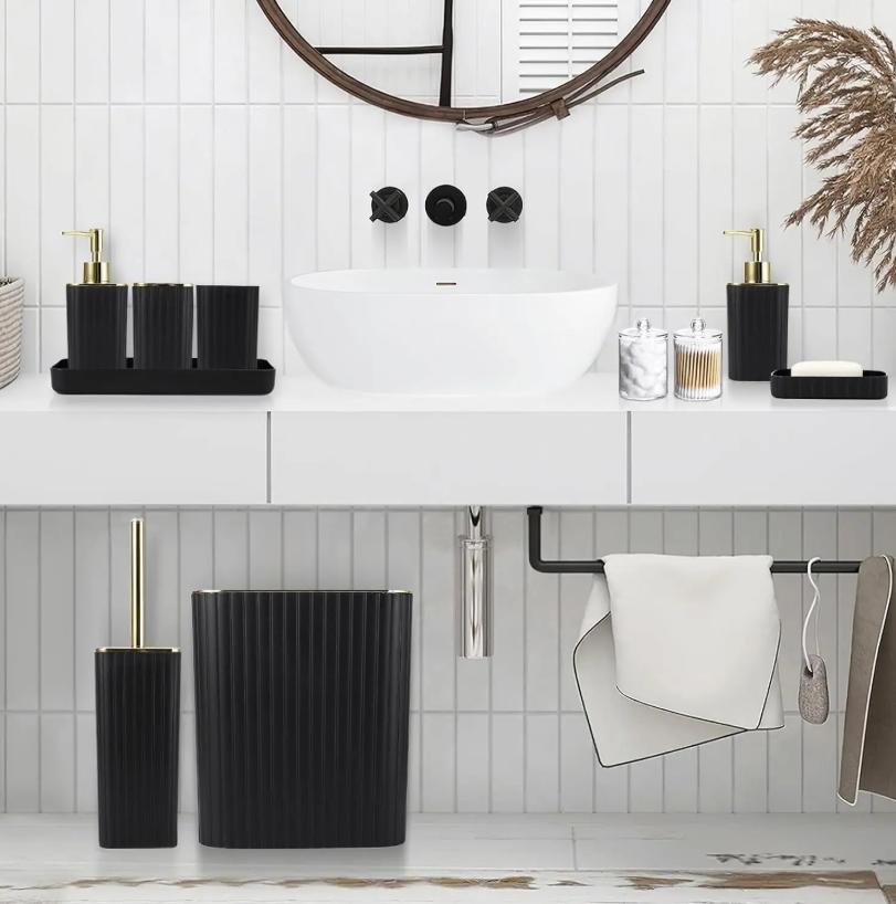 10-Piece Black Gold Bathroom Accessories Set, Complete Bathroom Organizer Kit with Trash Can, Toilet Brush, Toothbrush Holder, Soap Dispenser, Soap Dish, Rinse Cup, Cotton Swab & Cotton Ball Storage Jars for Countertop Decor