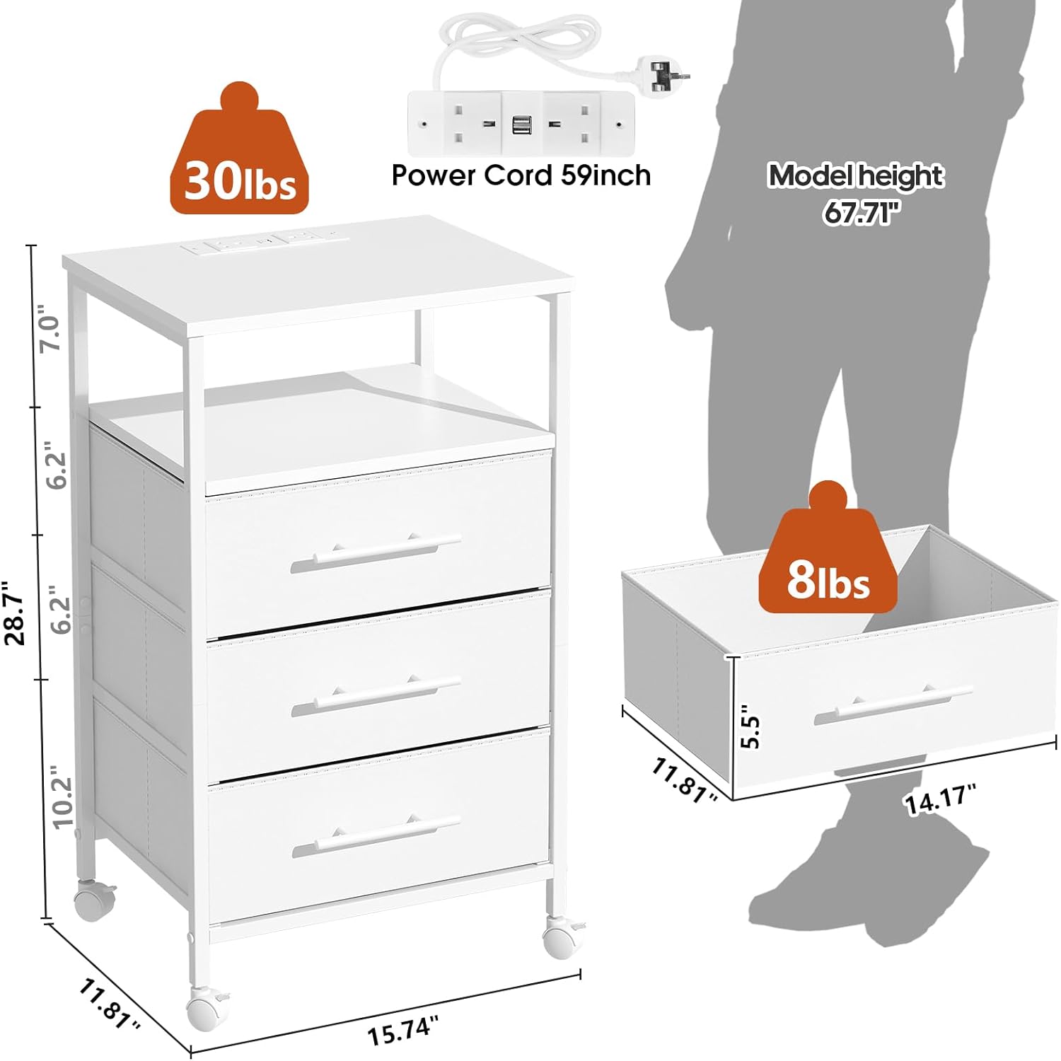 【NS】Bedside Table with Charging Station, Nightstand with 2 Outlets and 2 USB Ports,Sofa Table with 4 Castors Metal Frame and Fabric Drawers, for Bedroom Living Room (3 Drawers)