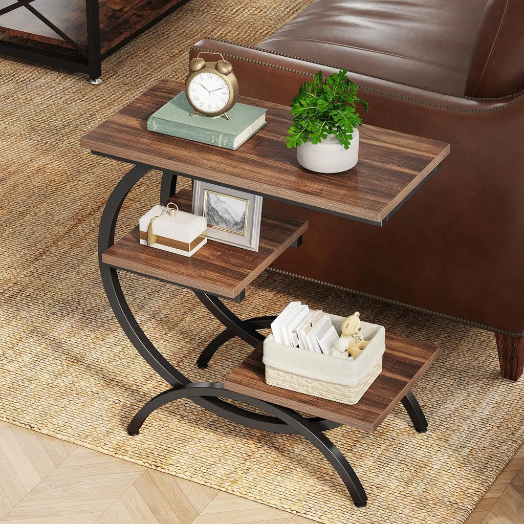 Tribesigns Rustic Brown C-Shaped End Table: 3-Tier Industrial Couch Side Table, Compact Wood Snack Table with Storage Shelves, Ideal for Small Living Spaces  , Space Saving End Table