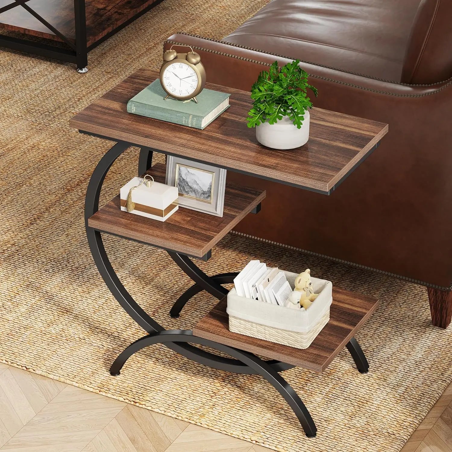 Tribesigns Rustic Brown C-Shaped End Table: 3-Tier Industrial Couch Side Table, Compact Wood Snack Table with Storage Shelves, Ideal for Small Living Spaces  , Space Saving End Table