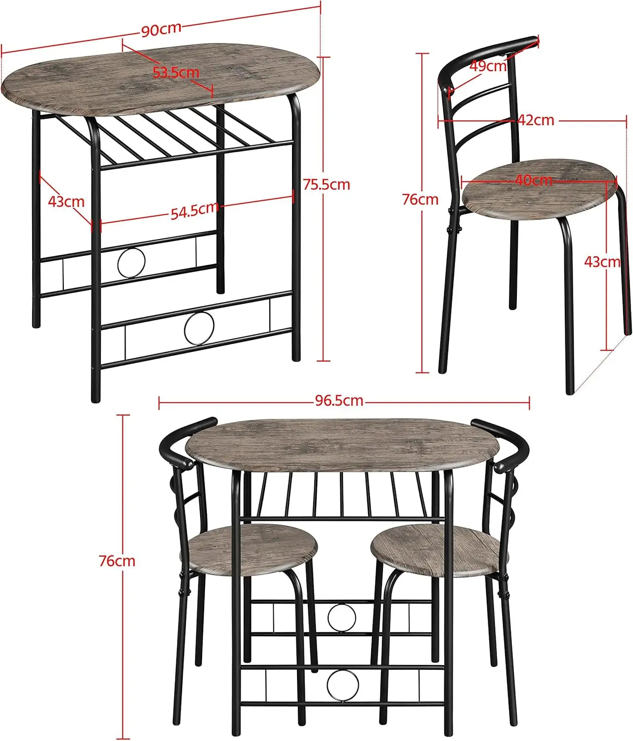 3-Piece Round Dining Table Set for 2 – Compact Breakfast Bar with Chairs, Metal Legs, Shelf & Built-in Wine Rack (Drift Brown)