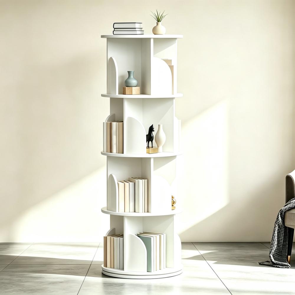 360° Rotating 4-Tier Bookshelf, Space-Saving Spinning Book Tower with Open Display Shelves, Freestanding Storage Rack for Living Room Bedroom Study Home Office, Easy Assembly Sturdy Floor Unit [Plus A Free Gift]