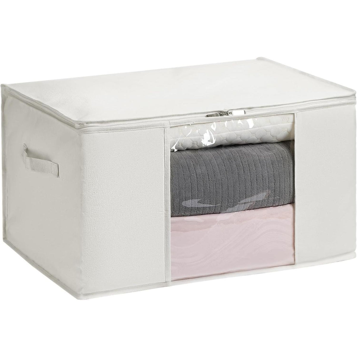 Large Storage Bags with Zip and Clear Window, Cotton Blended Fabric Storage Containers for Seasonal Clothes and Bedding, 60x40x35 cm, 2-Pack, Beige
