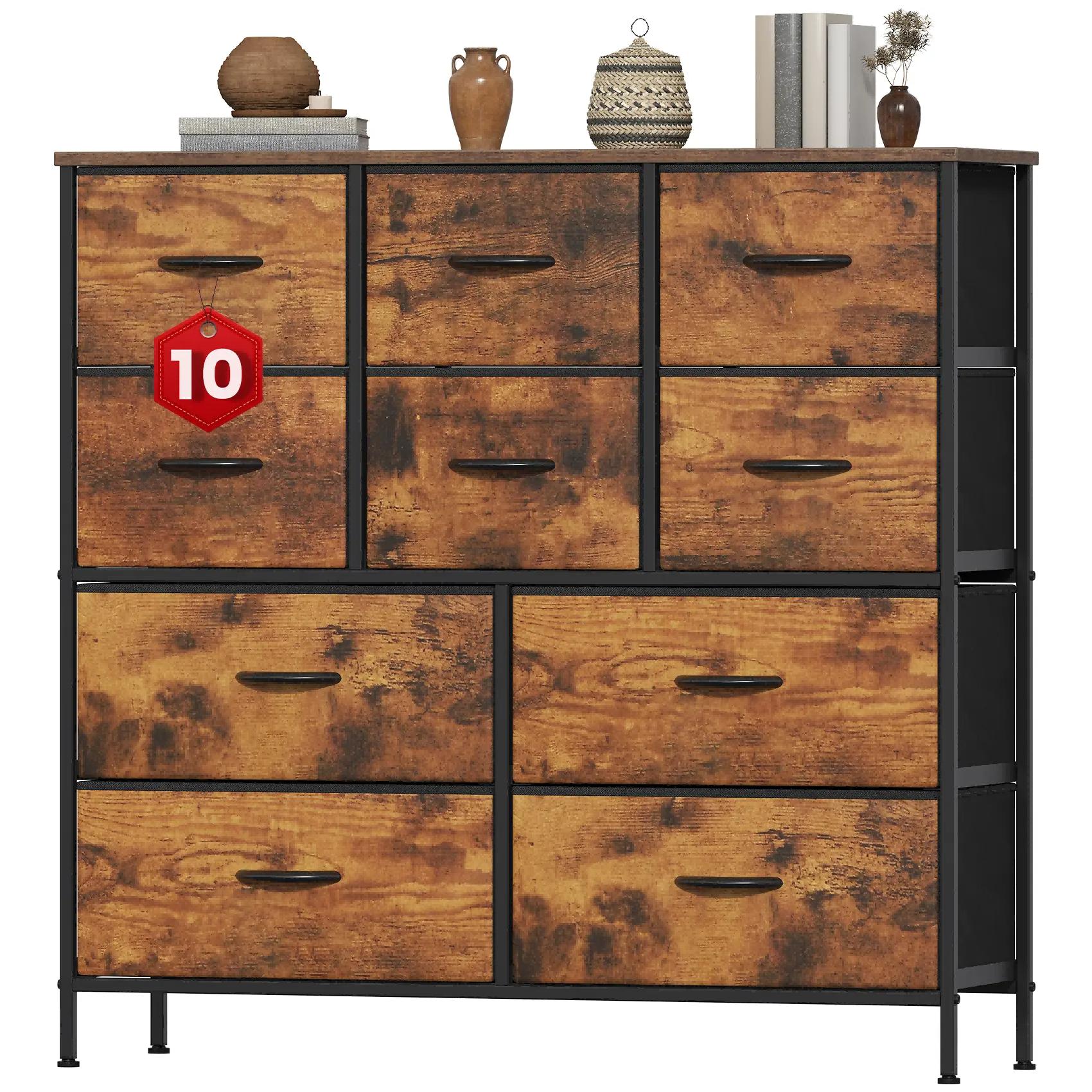 10-Drawer Fabric Storage Tower with Metal Frame & MDF Top, Non-Woven Organiser for Bedroom, Living Room, Hallway – Beige/White/Wood Tone (100x30x97cm)