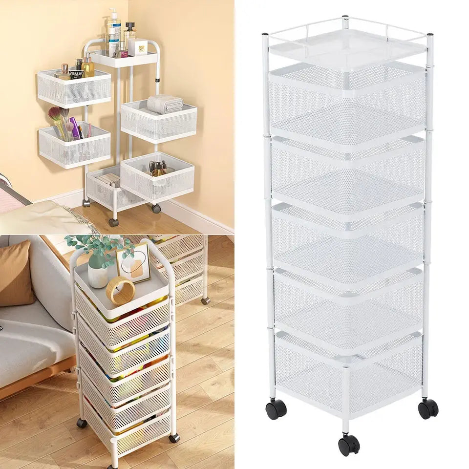 6 Tier Kitchen Rotating Storage Trolley Cart Utility Vegetable Mobile Shelf Rack Organizer ,Rack carts with Drawers moveable Basket Metal organizer