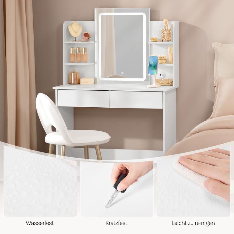 【NS】[Dressing Table with LED Lights, 3 Adjusting Lighting Modes, Makeup Vanity Mirror Dressing Table with 2 Drawers and 6 Open shelves, White Dressing Table for Bedroom,Living Room, Valentine's Day gift