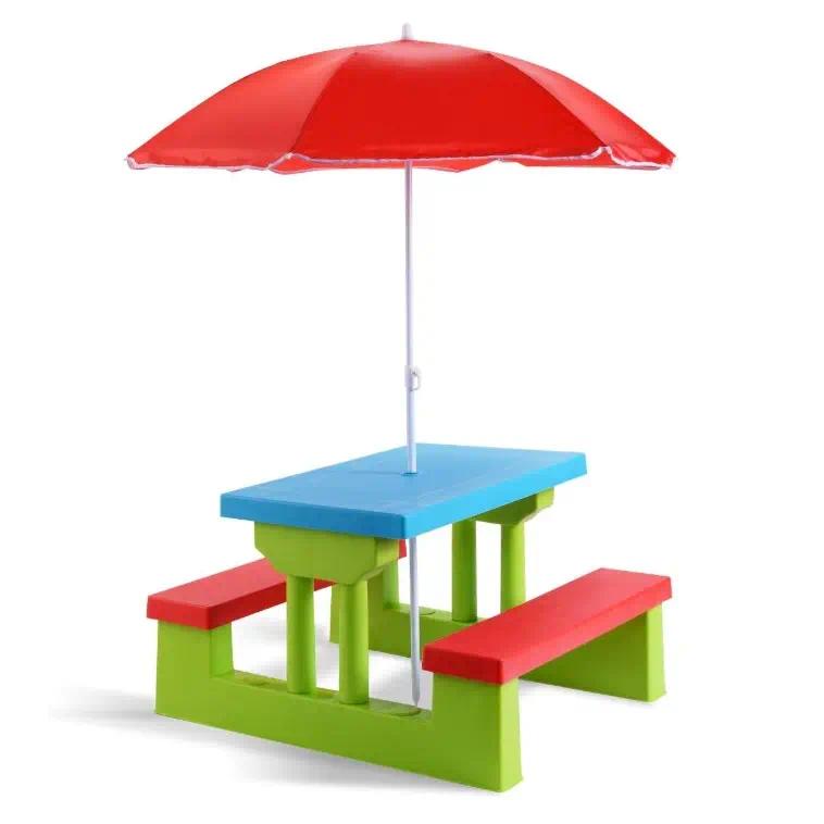 Kids Outdoor Picnic Table with Detachable Adjustable Umbrella, 4-Seater PP Plastic Table & Bench Set, Indoor Backyard Garden Activity Play Furniture for Boys and Girls