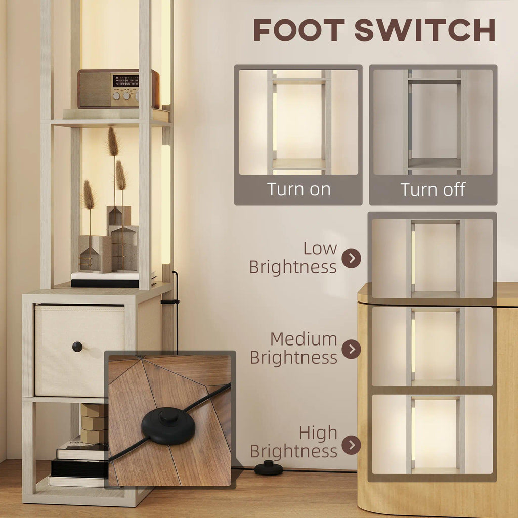 Modern Freestanding Column Floor Lamp, LED Standing Lamp with Multi-Layer Storage Shelves & Fabric Drawer, Adjustable Brightness with Foot Switch, Perfect for Living Room, Bedroom, Study and Office