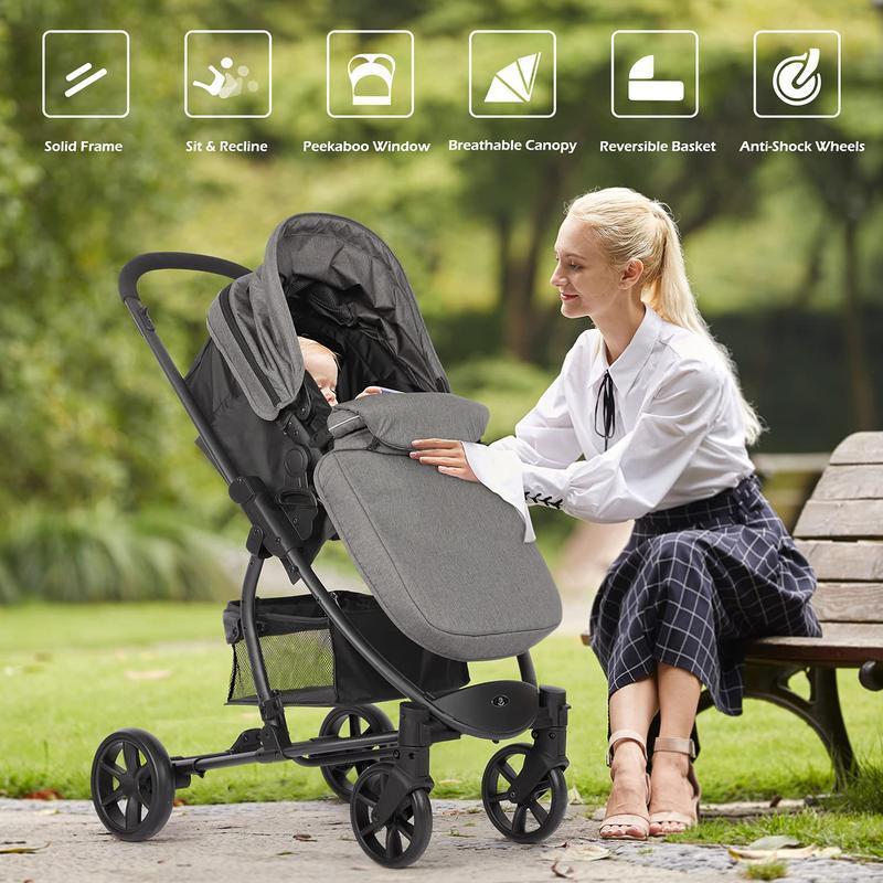 Pram 2-in-1 Travel System, Foldable Baby Pushchair with Reversible Seat, Reclinable Bassinet/Carrycot,Cover, Newborn To Toddler Stroller, Black & Grey