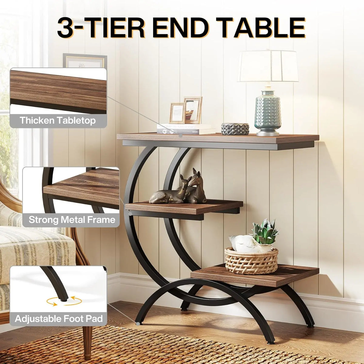 Tribesigns Rustic Brown C-Shaped End Table: 3-Tier Industrial Couch Side Table, Compact Wood Snack Table with Storage Shelves, Ideal for Small Living Spaces  , Space Saving End Table