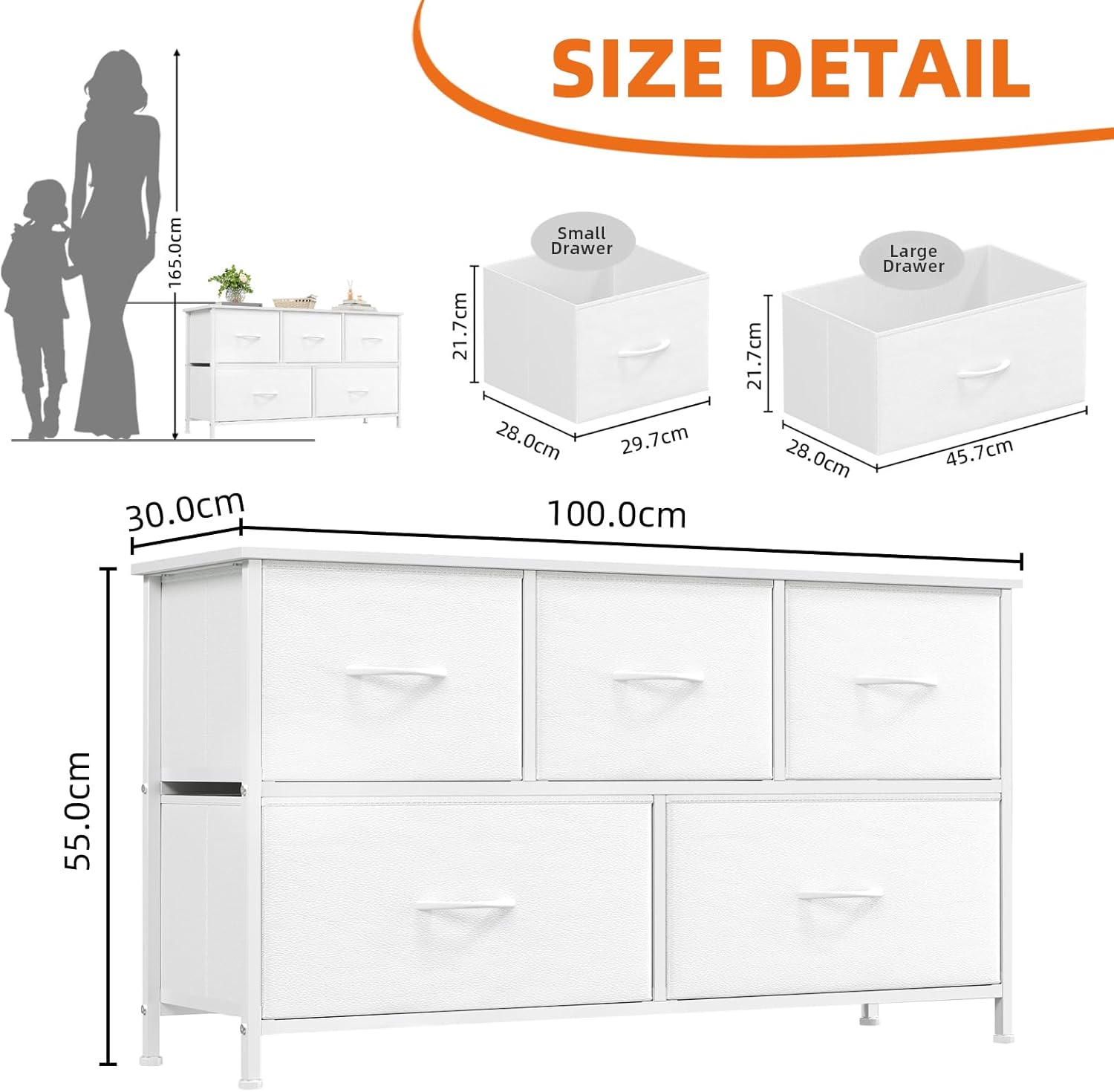 5 Drawers Faux Leather Chest of Drawers Wide Storage Organiser Dresser White Multi-Use Nightstand TV Stand Cabinet for Bedroom Closet Nursery Entryway Hallway 30 x 100 x 55 cm