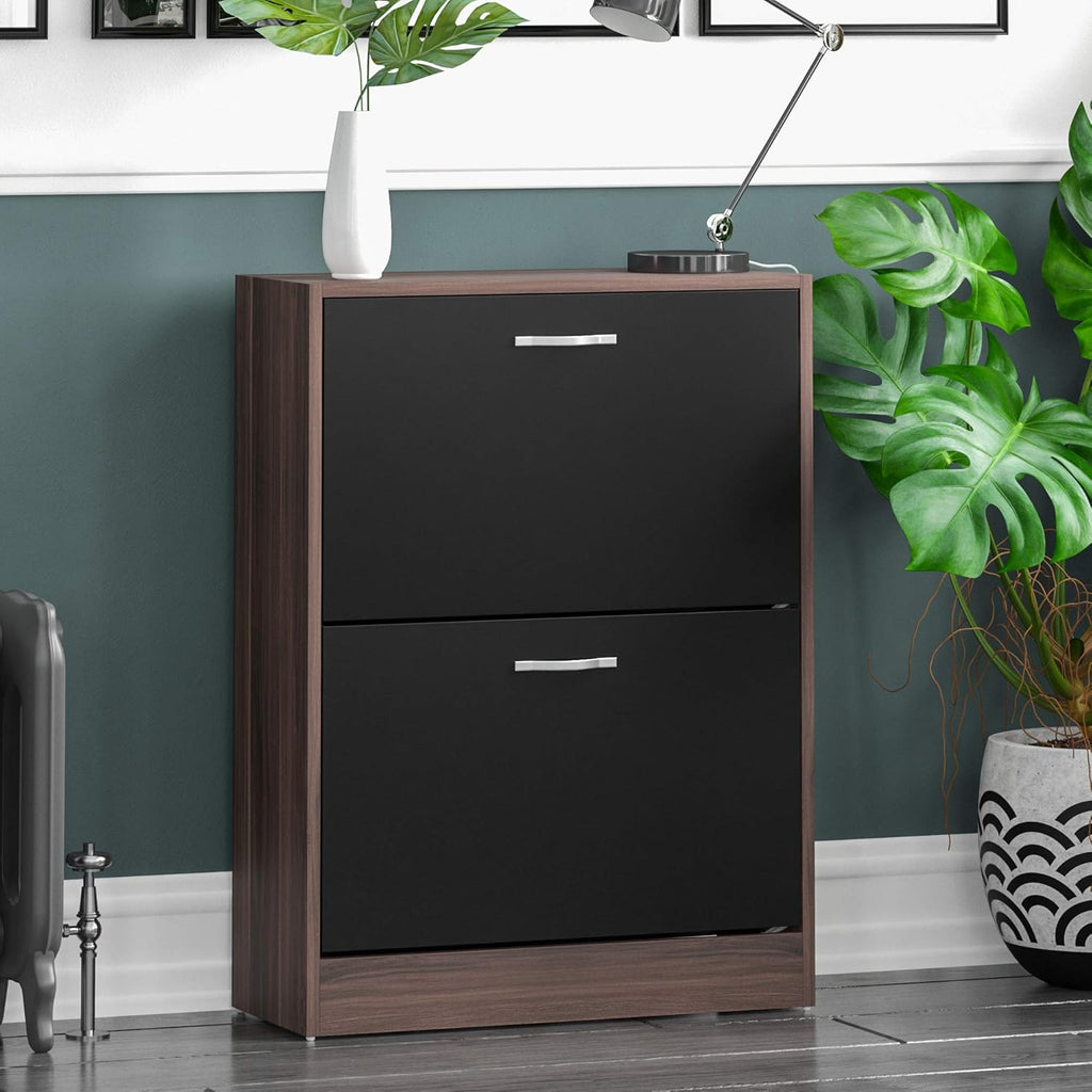 Wooden Shoe Cabinet for Hallway Entryway, Slim Dustproof Shoe Storage Unit with 2 Pull-Down Drawers, Space-Saving Multifunctional Cupboard in Walnut