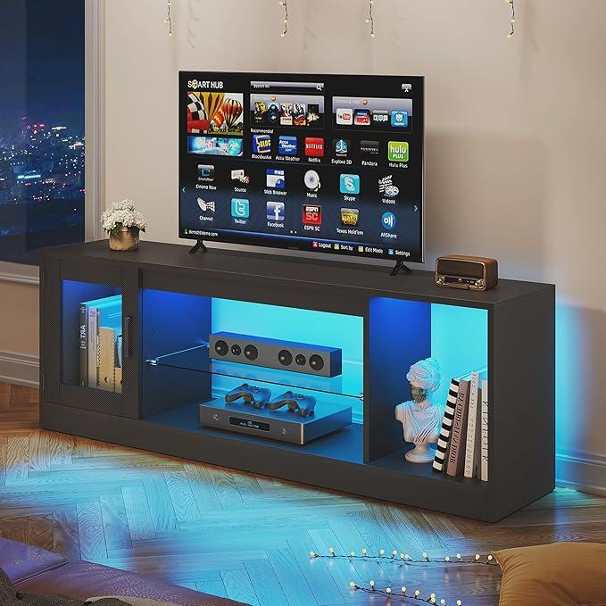 【NS】TV Cabinet Stand Unit, Modern Style TV Table for Flat Screens Up to 65 Inch, Open Adjustable Glass Storage Shelves for Living Room, Gaming, Entertainment Room, Hallway, Bedroom