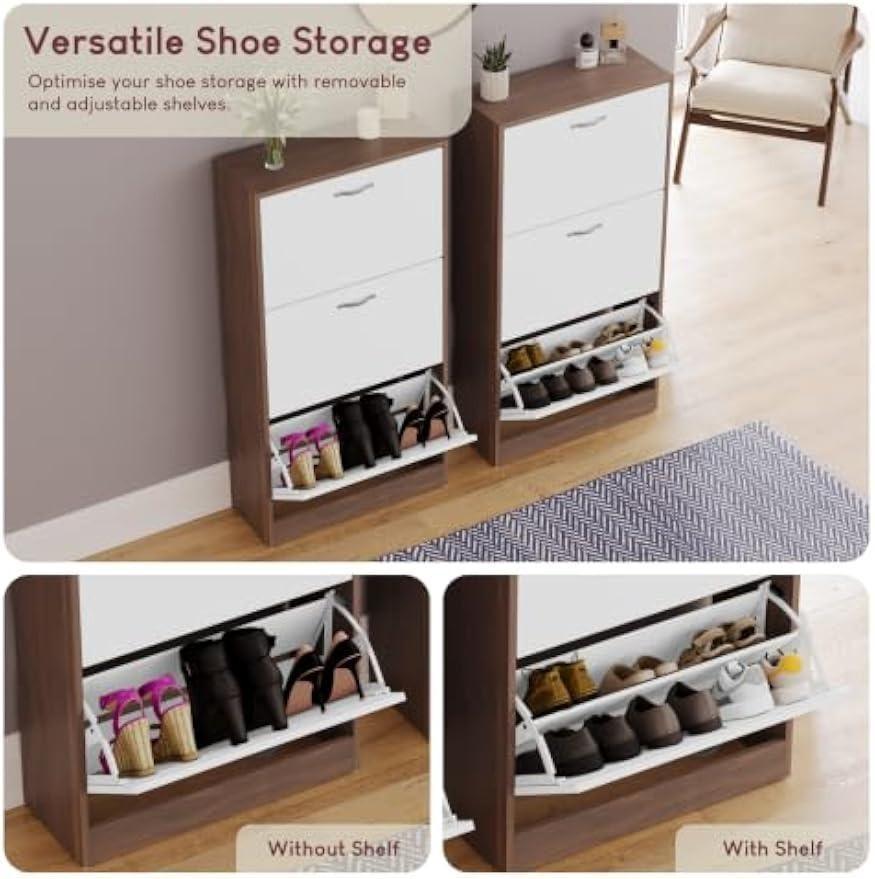 Pull-Down Wooden Shoe Storage Cabinet | 3-Tier Slim Shoe Organiser with Drop-Down Drawers, Multifunctional Dust-Proof Space-Saving Cupboard for Hallway, Entryway, Porch | Walnut & White Finish [Plus A Free Gift]