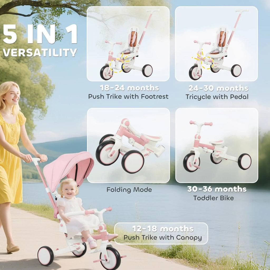 5‑in‑1 Grow‑With‑Kid Foldable Toddler Tricycle Stroller, Convertible Kids Ride‑On Trike with 5‑Point Safety Harness, Adjustable Push Handle & UV Protection Canopy, Compact Outdoor Toy for Family Outings, Ages 1‑3 Years Old