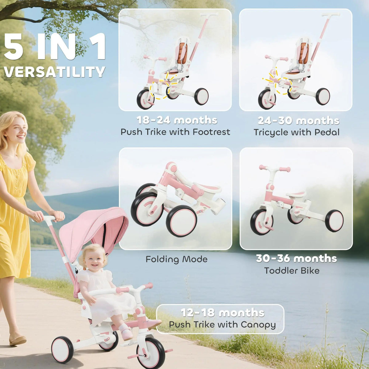 5‑in‑1 Grow‑With‑Kid Foldable Toddler Tricycle Stroller, Convertible Kids Ride‑On Trike with 5‑Point Safety Harness, Adjustable Push Handle & UV Protection Canopy, Compact Outdoor Toy for Family Outings, Ages 1‑3 Years Old