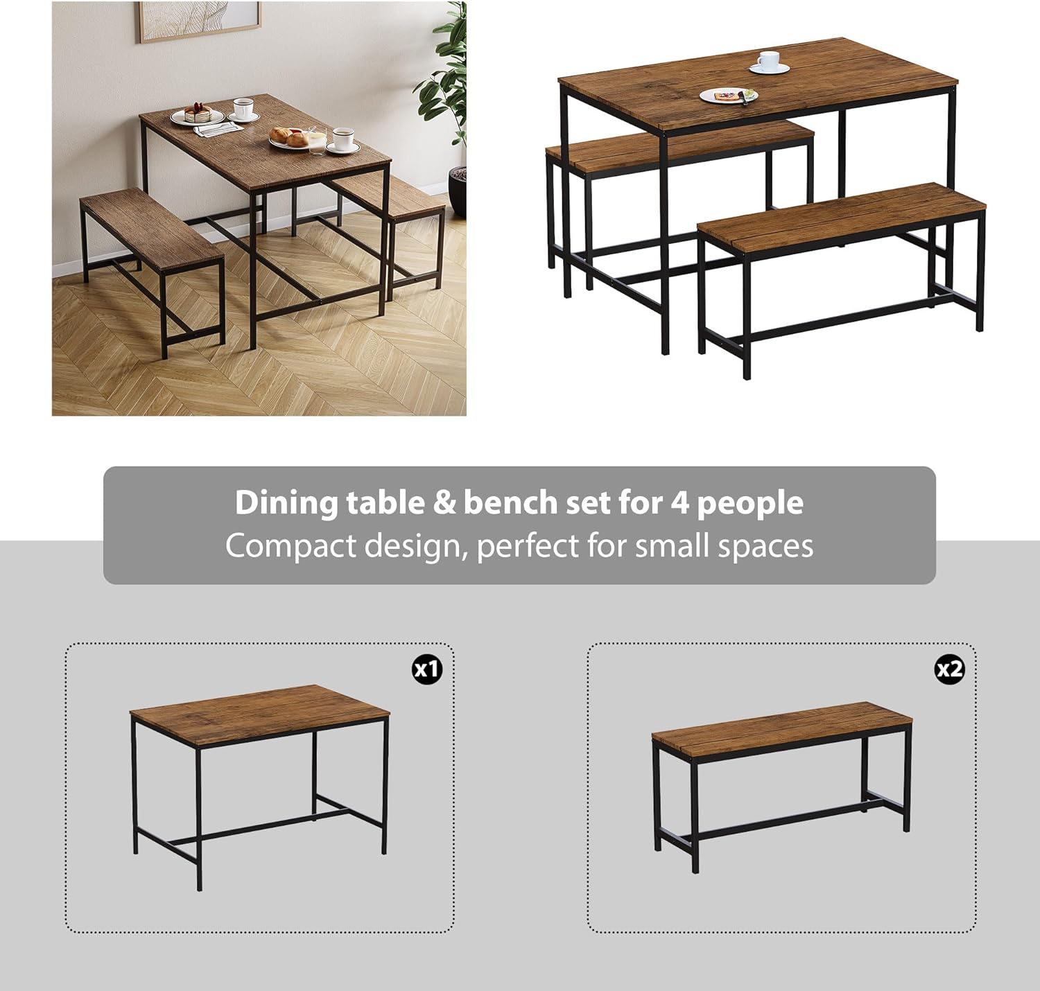 4 Seater Dining Set | Dark Wood | 3 Piece Dining Room Complete Set | 75H x 110W x 70D cm | with 2 Benches | Rustic | Solid Metal Frame | Industrial Design