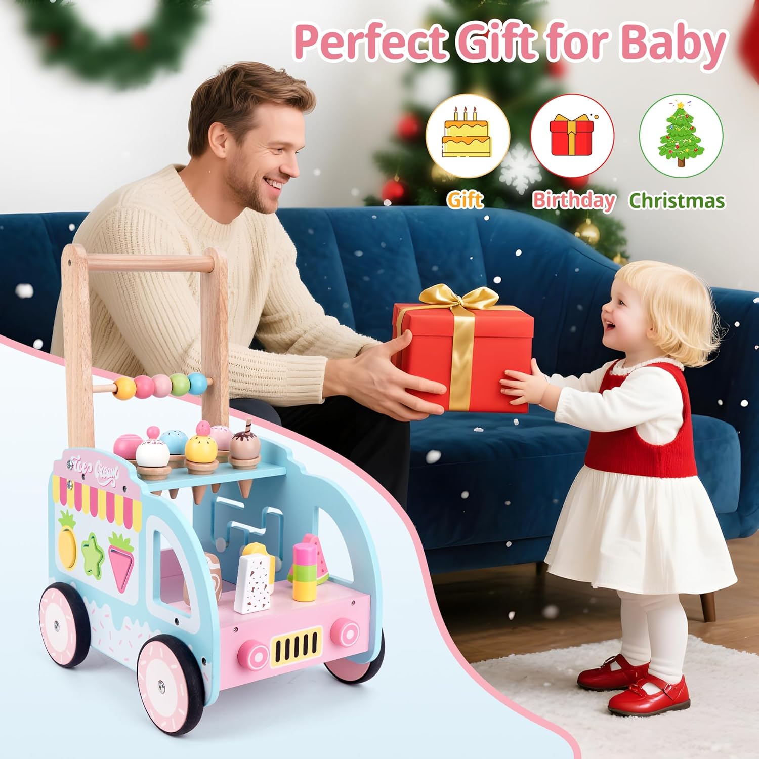 Baby Walker First Step Activity - Wooden Learning Walker with Wheels, Multifunctional Ice Cream Cart Toy & Activity Center for Toddlers, Push Walking Toy Gift for 1 2 3 Year Old Girls Boys [Plus A Free Gift]