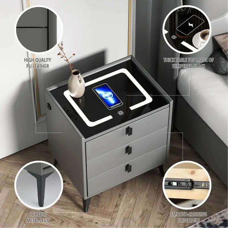 Smart Bedside Table with 3 Drawers, Wireless Charging, LED Touch Light, PU Leather Finish – Modern Nightstand for Bedroom, Living Room, or Home Office [Plus A Free Gift]
