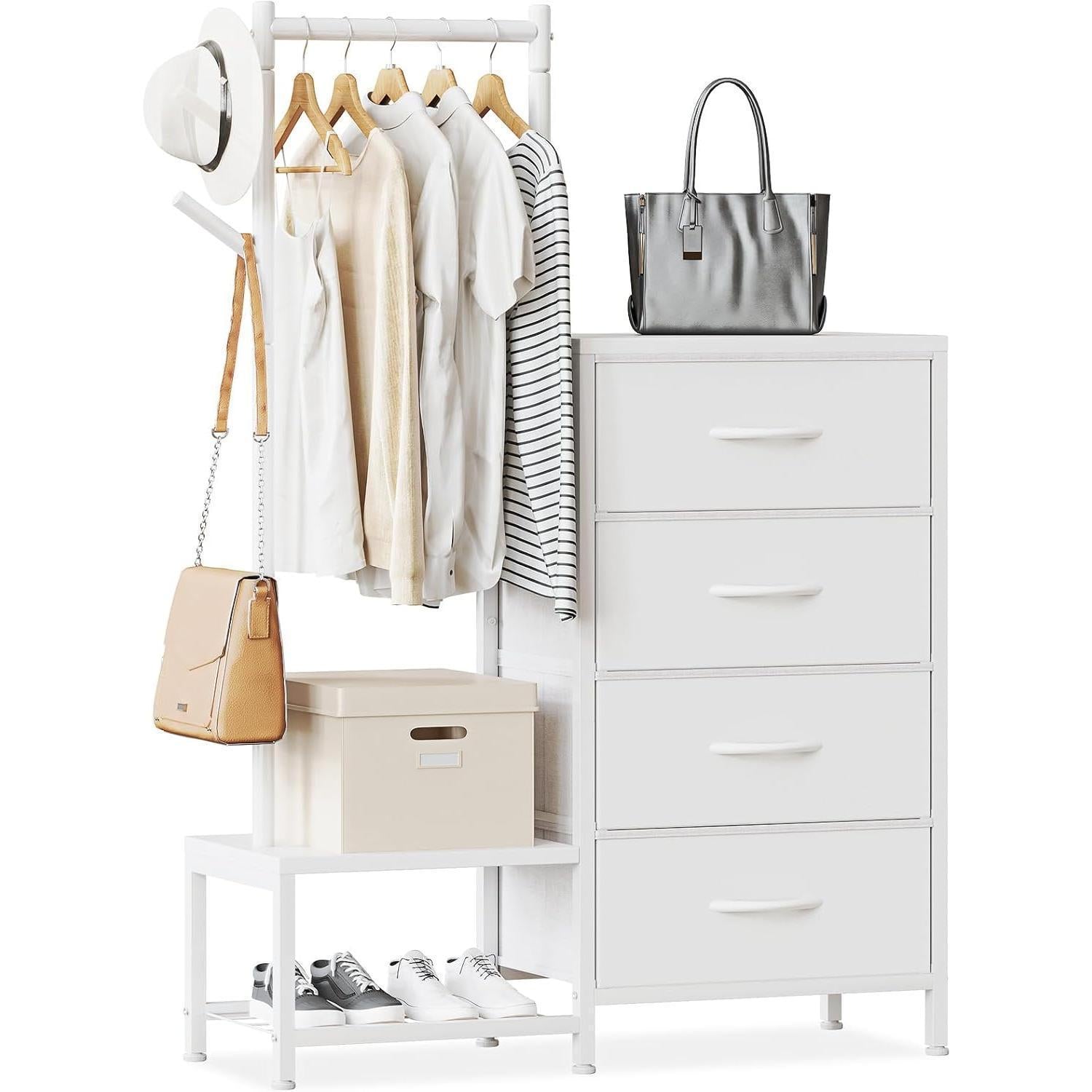 Retro Fabric Chest of Drawers, Multifunctional Storage Dresser with 4 Drawers, Clothes Hanging Rail & 2 Hooks, Double-Layer Shoe Rack Organizer, Stable Frame Storage Cabinet for Bedroom Entryway Home Furniture