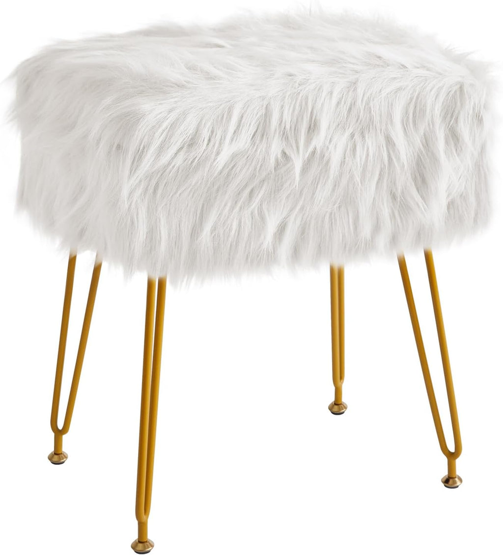 Rectangular Faux Fur Vanity Stool with Storage, Furry Makeup Chair Ottoman, Soft Padded Seat, Round Footrest Footstools with 4 Metal Legs, for Living Room Bedroom Entryway,