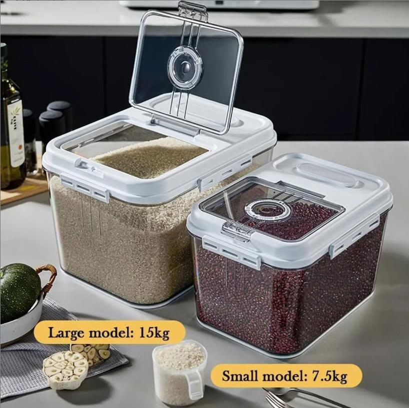 7.5KG/15KG Airtight Rice Storage Container, BPA-Free Transparent Grain Bucket with Airtight Lid & Measuring Scoop, Large Sealed Dry Food Dispenser Bin for Flour Rice Nuts, Kitchen Clear Plastic Grain Storage Organizer