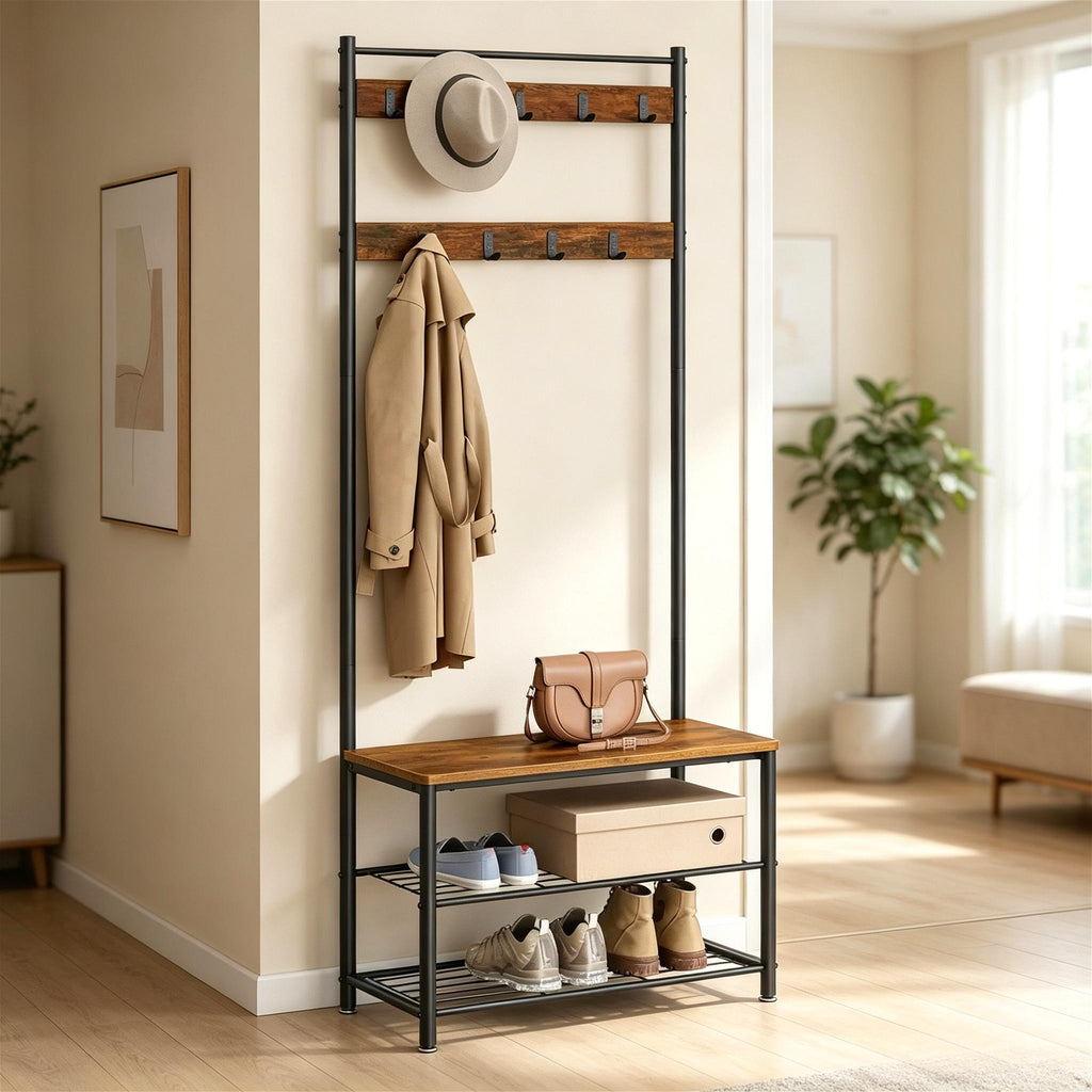Industrial Style Hall Tree Coat Rack, Entryway Clothes Stand with Bench, Shoe Shelves & 9 Hooks, Metal Frame Shoe Bench Organizer for Hallway Cloakroom Home Storage