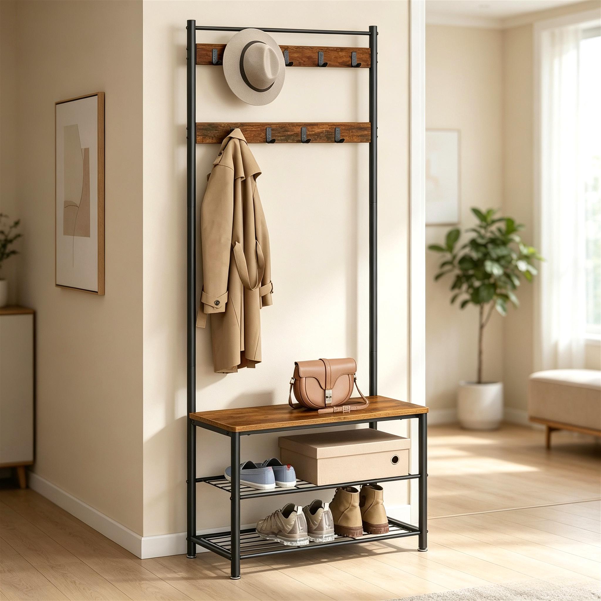 Industrial Style Hall Tree Coat Rack, Entryway Clothes Stand with Bench, Shoe Shelves & 9 Hooks, Metal Frame Shoe Bench Organizer for Hallway Cloakroom Home Storage