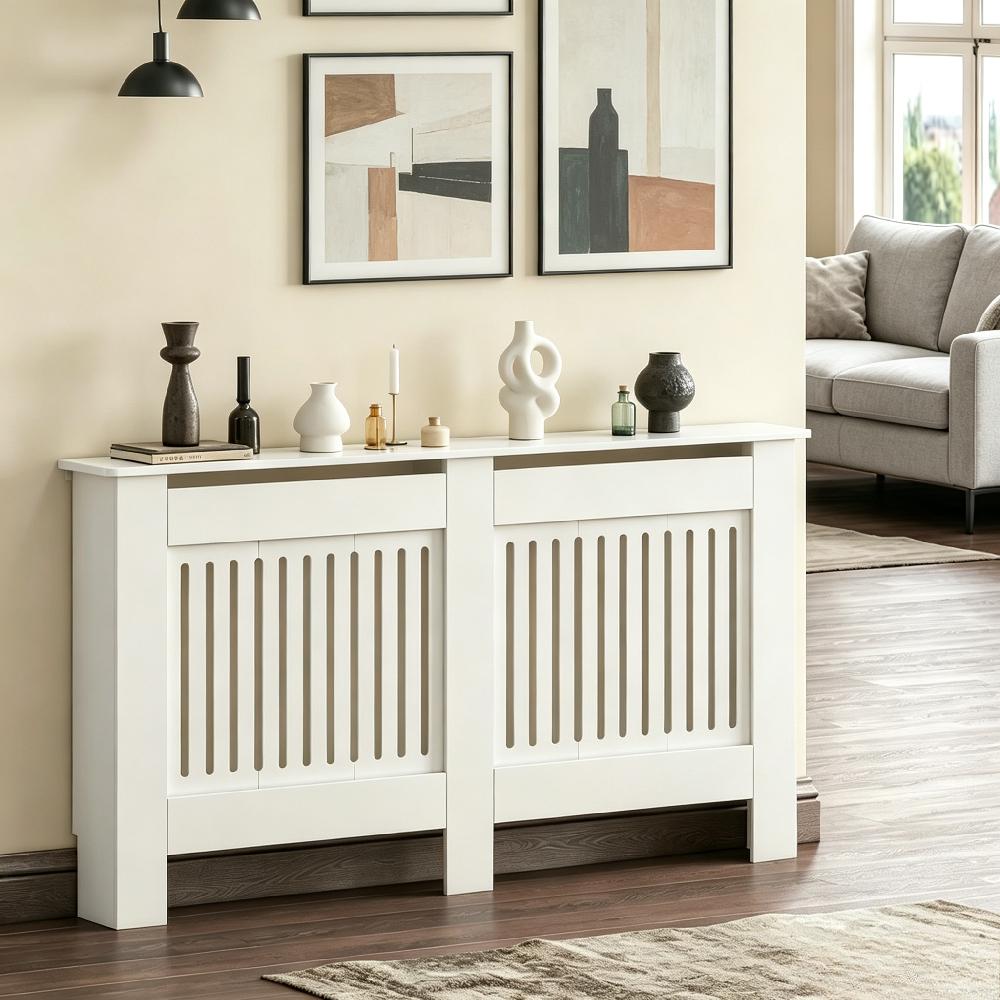 Grey Modern Radiator Cover, MDF Vertical Slat Design with Wooden Top Shelf, Stylish Cabinet for Living Room, Bedroom, and Hallway [Plus A Free Gift]