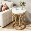 White Gold Round Side Table, Faux Marble Nightstand, Modern Small Accent Table for Living Room, Bedside Nightstand for Bedroom, Compact End Table for Small Spaces [Plus A Free Gift]