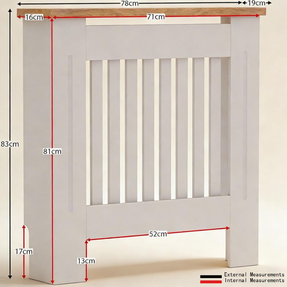 White MDF Radiator Cover with Wood Shelf - White -  Modern Swing-style Vertical Grille Design for Optimal Heat Circulation - Painted MDF Cabinet with Wooden Upper Shelf