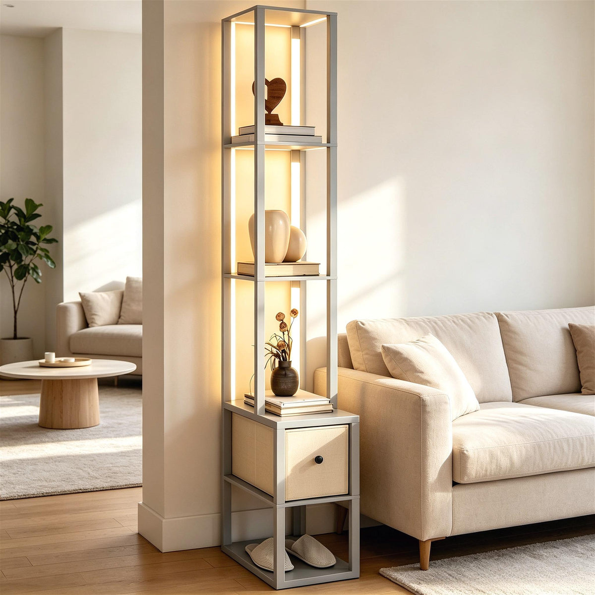 Modern Column Floor Lamp, LED Standing Lamp with Multi‑Tier Storage Shelves & Fabric Drawer, 3‑Level Adjustable Brightness with Foot Switch, Tall Display Lamp for Living Room, Bedroom, Study & Home Office