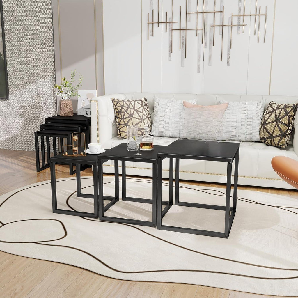 Nesting Coffee Table - Industrial Square End Tables with Metal Frame for Living Room, Bedroom & Office, Brown