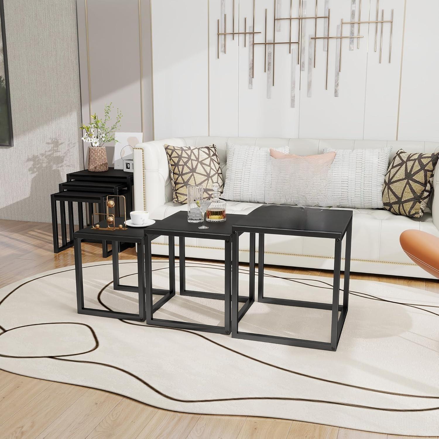 Nesting Coffee Table - Industrial Square End Tables with Metal Frame for Living Room, Bedroom & Office, Brown