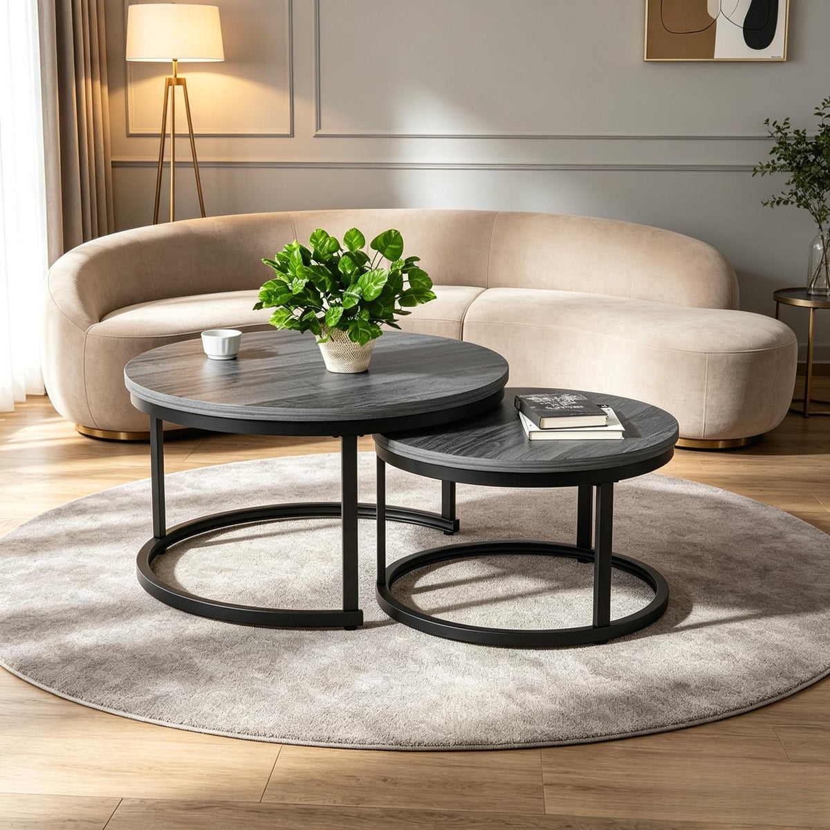 Set of 2 Round Nesting Coffee Tables Multi-Functional Side End Table with Sturdy Metal Frame Space Saving Accent Furniture for Living Room Bedroom Apartment Modern Industrial Minimalist Style