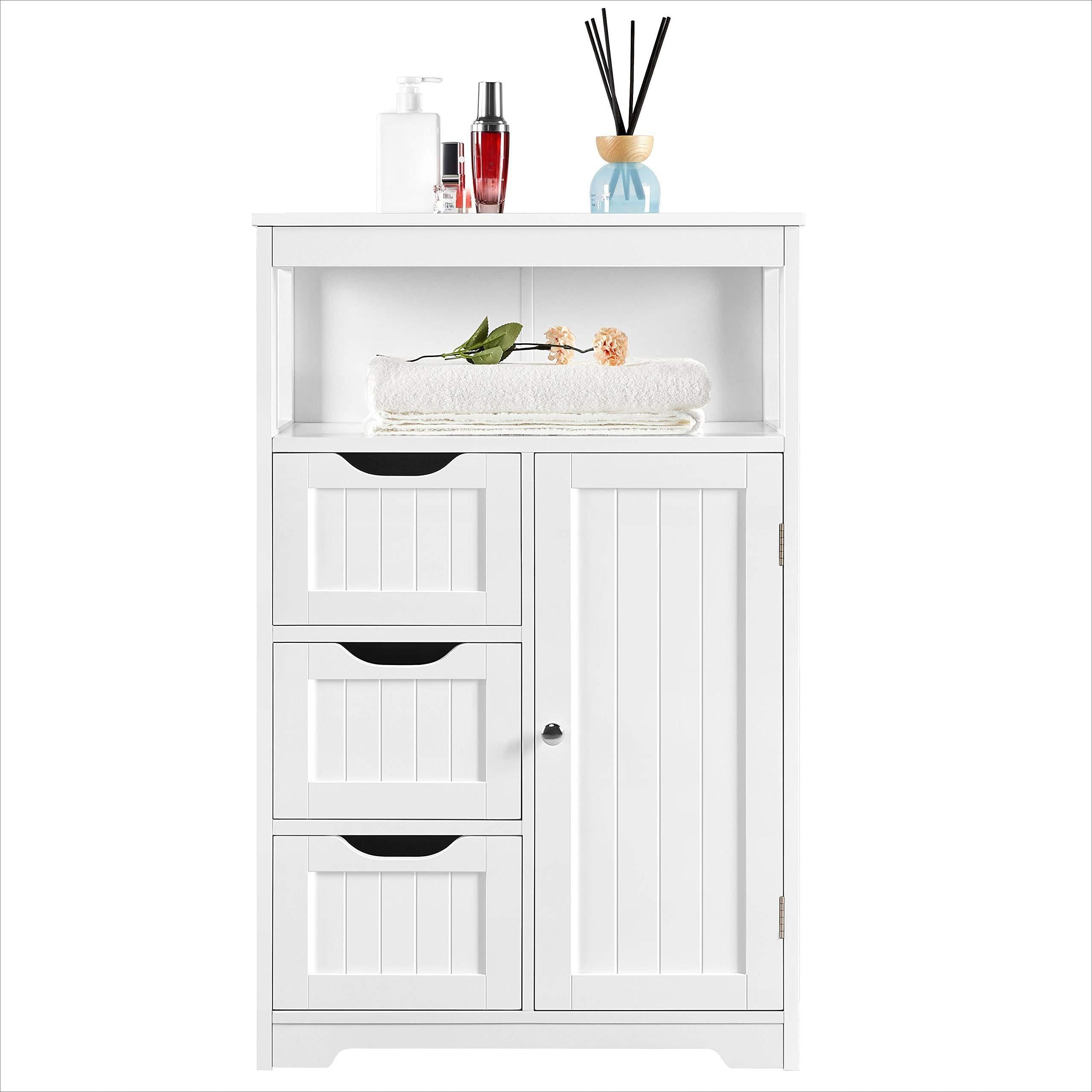 Modern White Freestanding Wooden Storage Cabinet, Accent Floor Organizer with Open Shelf, 3 Drawers & Adjustable Shelving, Multi‑Purpose Sideboard for Bathroom Living Room Kitchen Entryway