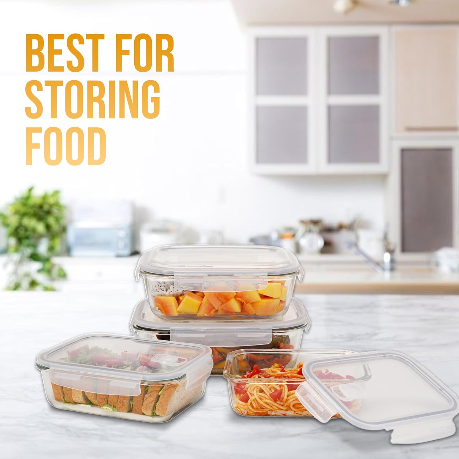 4-Pack Large Glass Food Storage Containers with Lids 2500ml 2260ml 1520ml 1050ml Microwave Oven Freezer Dishwasher Safe Meal Prep Containers