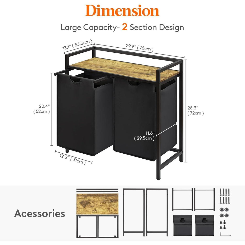 【NS】Laundry Hamper 2 Sections, 95 L Laundry Basket with Shelf and Double Pull-Out Removable Bags, Laundry Sorter for Laundry Room Bedroom Bathroom Dorm, Black