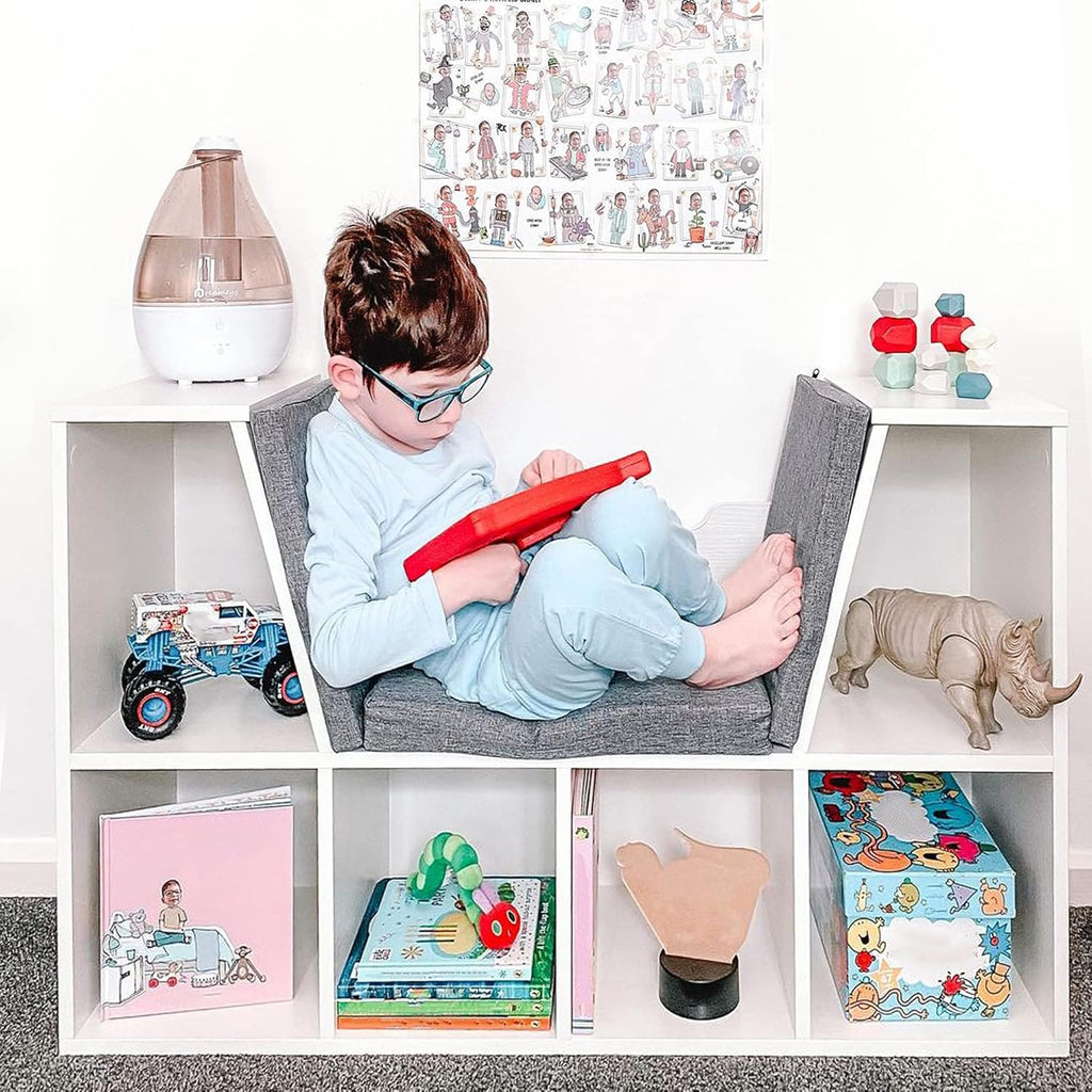 6‑Cube Kids Bookcase, Multi‑Functional Wooden Storage Organizer with Cushioned Reading Nook, Open Display Shelf Cabinet for Children Bedroom Playroom