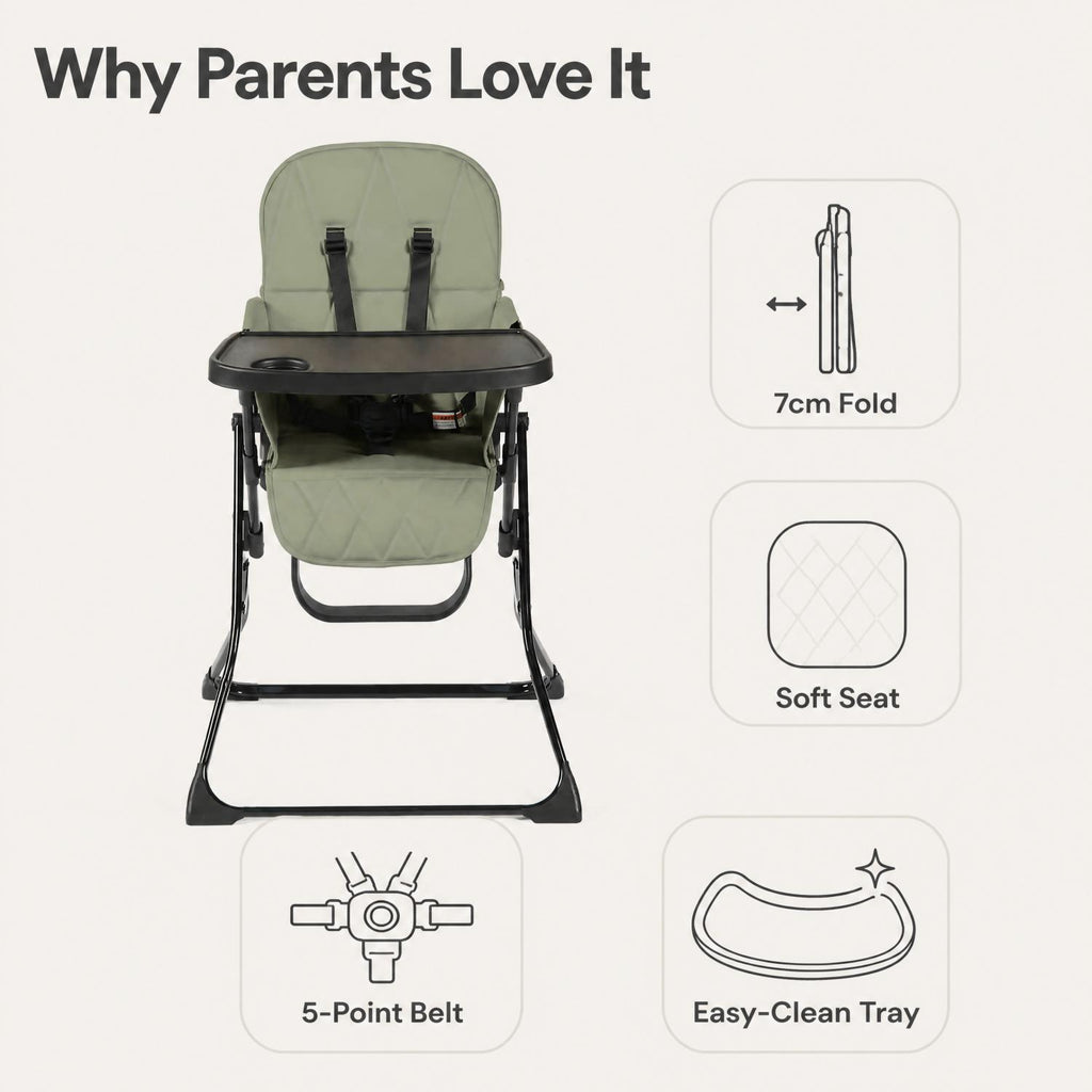 Ultra‑Slim Flip‑Fold Highchair with Super‑Quick Compact Fold, Removable Tray & Wipe‑Clean Cover, 5‑Point Harness, and Footrest – The Perfect Space‑Saving Dining Seat for Babies up to 15kg