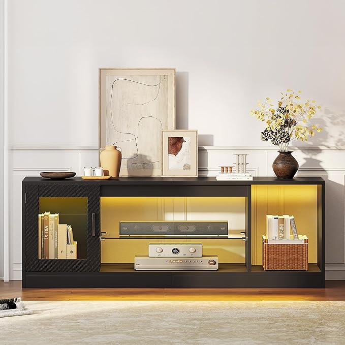 【NS】TV Cabinet Stand Unit, Modern Style TV Table for Flat Screens Up to 65 Inch, Open Adjustable Glass Storage Shelves for Living Room, Gaming, Entertainment Room, Hallway, Bedroom