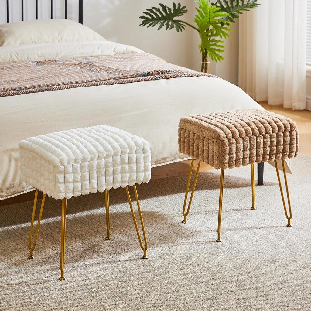White Rectangular Vanity Chair with Storage – Ottoman Footrest Stool with Anti-Slip Feet & Square Grid Design, Perfect for Bedroom and Makeup Room