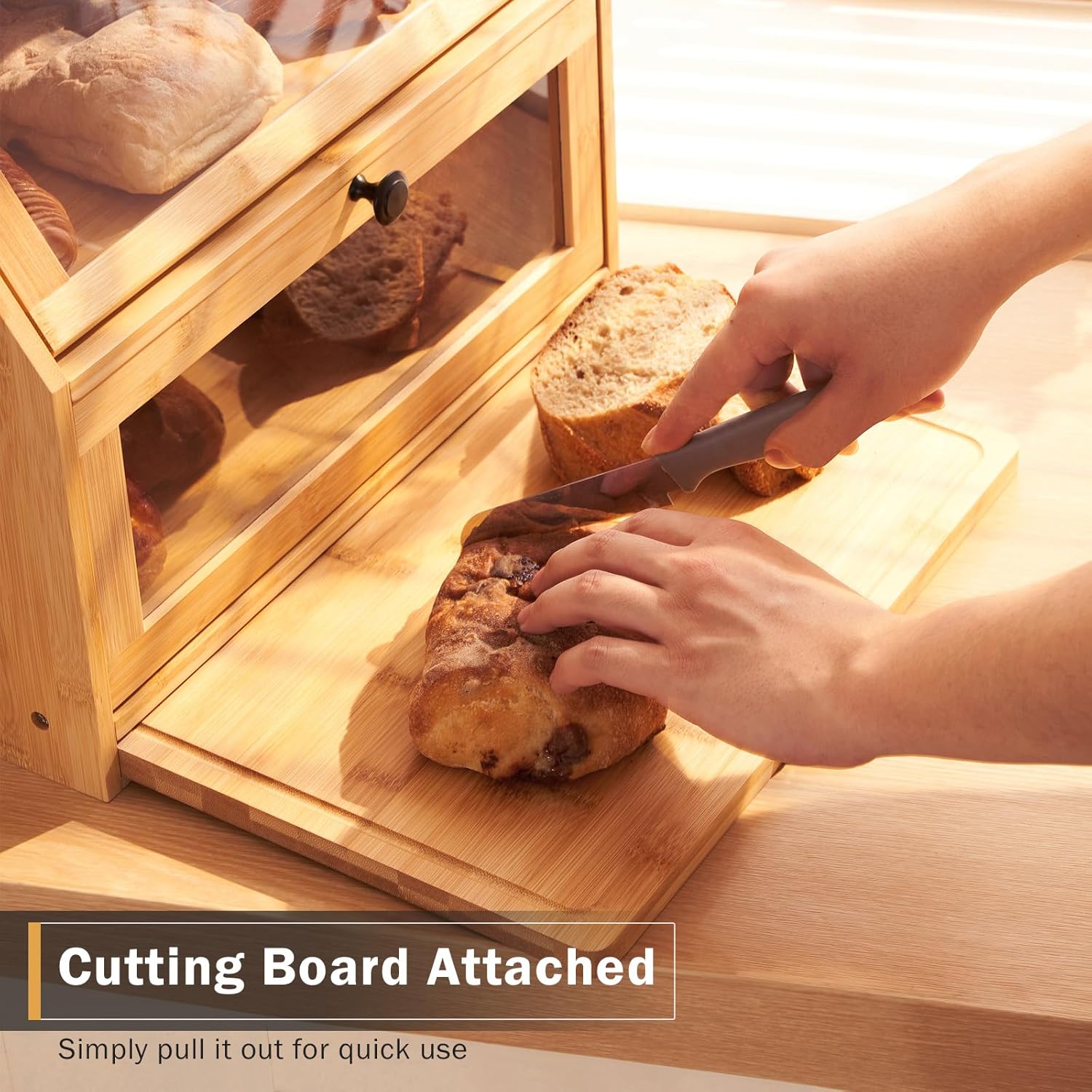 Large Double Layer Bamboo Bread Bin, Multi-Functional Bread Storage Box with Cutting Board & Transparent Window, Countertop Organizer for Bread, Salt, Pepper & Jam,