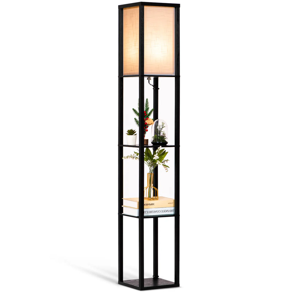 Neviland Floor Lamps with Shelves for Living Room, 3 Layers Morden Standard Lamp with LED Light for Bedroom, Office, Black/Wood/ Gray-brown[Energy Class A]A suitable gift for friends and family on holidays or for moving. Valentine's Day gift