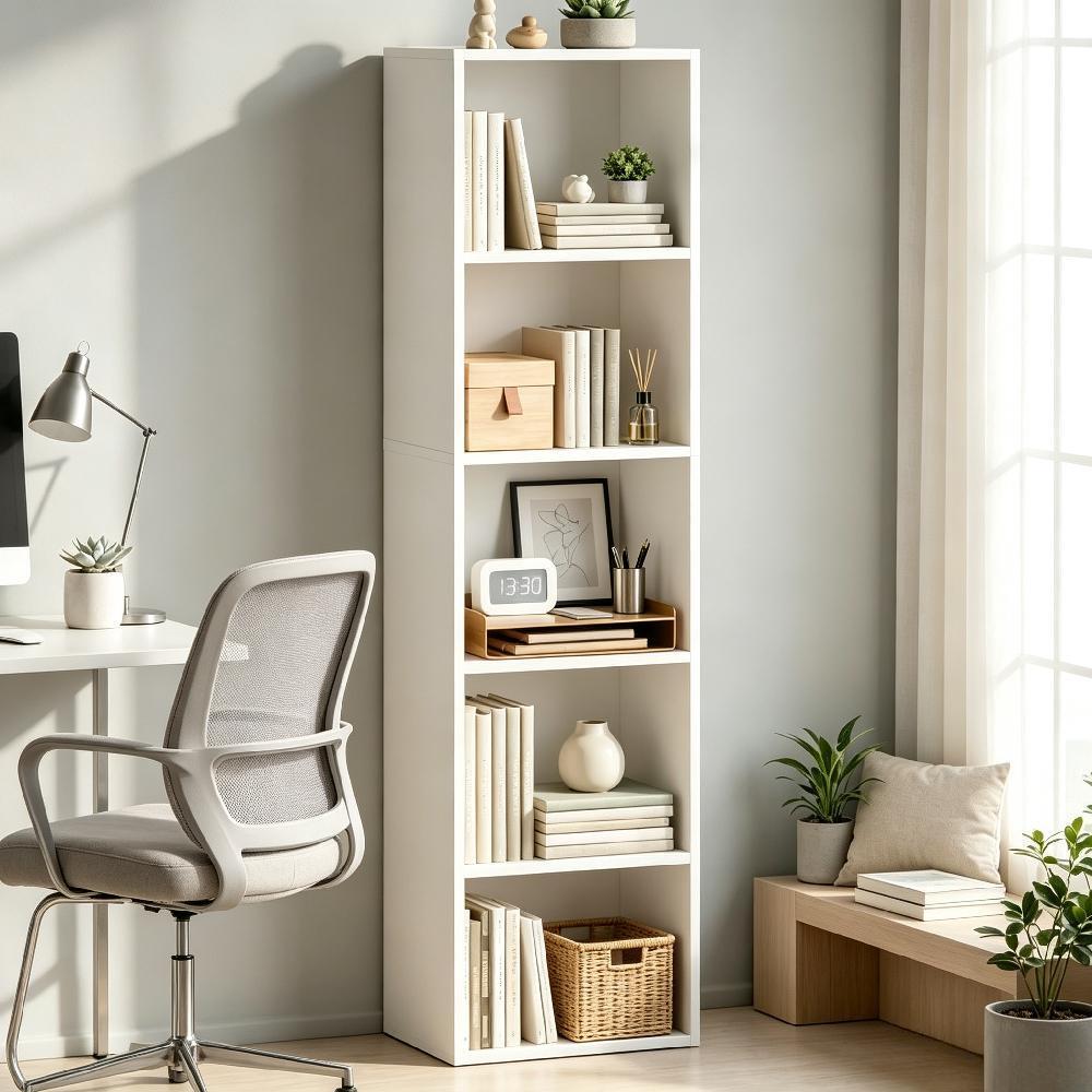 White 5-Tier Cube Bookcase – Freestanding Wooden Display Shelf, Space-Saving Storage Unit for Living Room, Bedroom, Home Office [Plus A Free Gift]